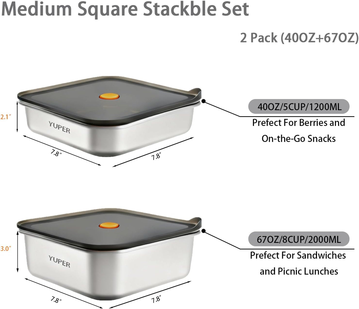 YUPER Stainless Steel Food Storage Containers, Large Meal Prep Container Sets with Lids, BPA Free, Leak Proof & Airtight, Microwave, Dishwasher, Fridge, Freezer & Oven Safe, 3 Pack (84+125+162OZ)