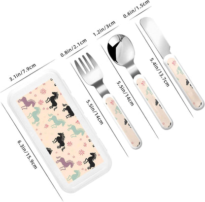 3-Piece Kids Silverware Set, Stainless Steel Reusable Children Safe Knife Spoon Fork Set With Storage Case Cute Horse Children Flatware Set For Kids Lunch Box