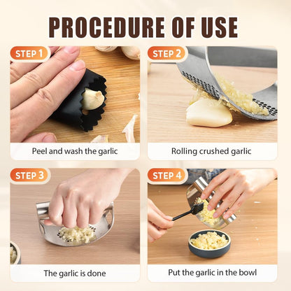 Garlic Press Rocker - 2024 NEW Stainless Steel Garlic Mincer Garlic Crusher with Peeler, New Innovative Garlic Chopper with Peeler and Scraper for Smash Garlic (Black)
