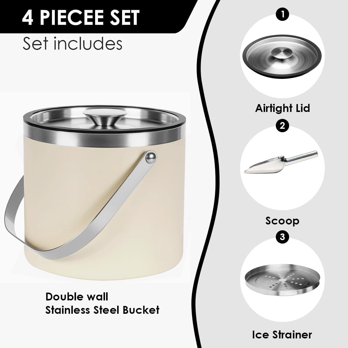 3L beige white Double Wall Insulated Stainless Steel Ice Bucket with scoop for Cocktail Bar,Metal Ice Bucket for freezer with Lid for parties.ice Container to Keep Ice Colder,bar cart accessories