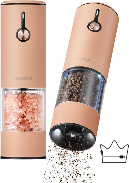 Stainless Steel Rechargeable Electric Salt and Pepper Grinder Set – USB Charging, One-Hand Electric Mill, Adjustable Coarseness, LED Light & Dust Cover –2pack(Greige & Buttercream)