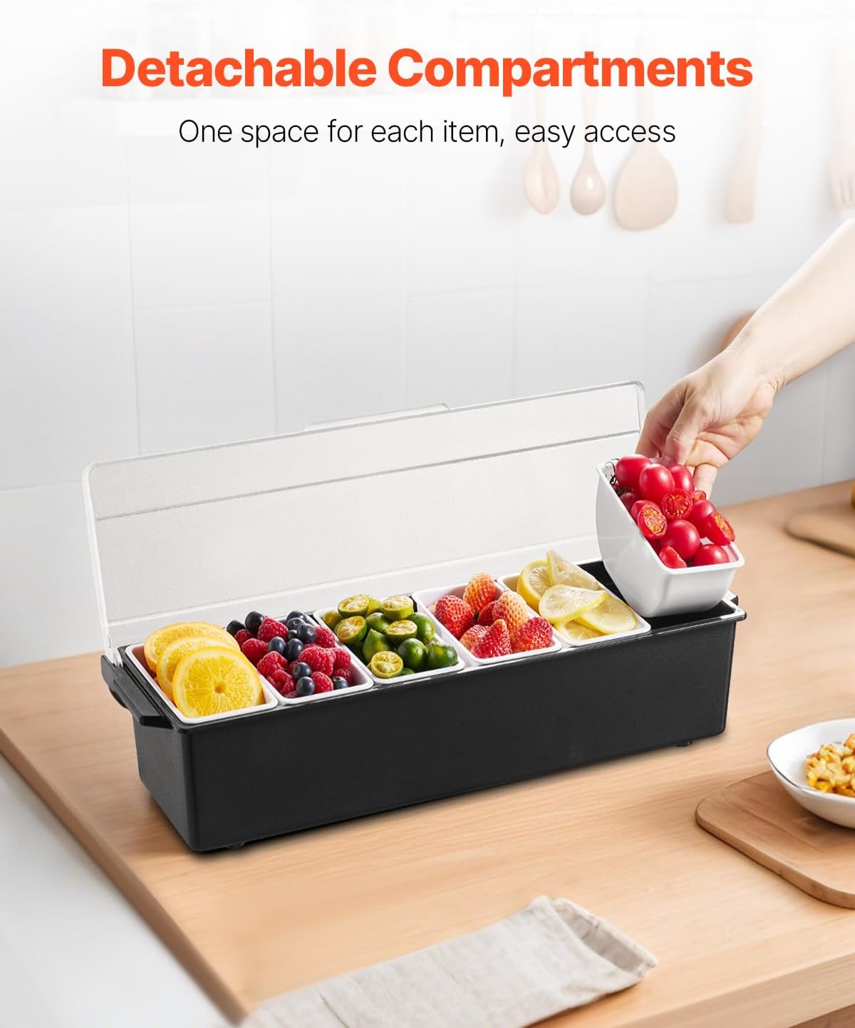 VEVOR Chilled Condiment Server Caddy, 5 Compartment Ice Cooled Serving Container, Plastic Fruit Garnish Tray Platter with Lid, for Taco Salad Bar Accessories, Party Home Restaurant Supplies