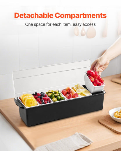 VEVOR Chilled Condiment Server, 4 Compartment Ice Cooled Condiment Serving Container, Chilled Garnish Tray Bar Caddy with Lid, for Bartending & Serving Taco, Salad, Fruit, Home & Restaurant Supplies
