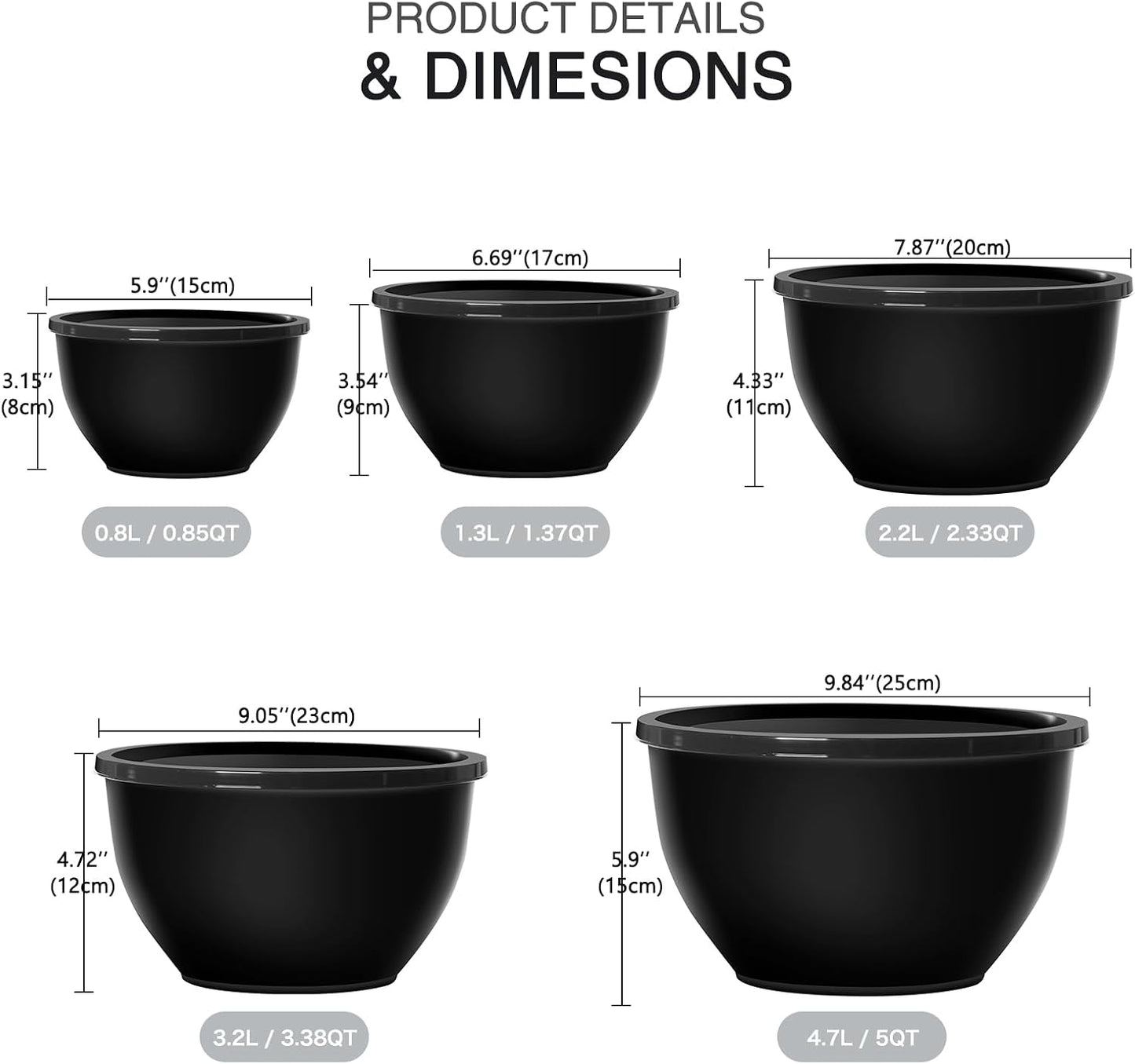Greentainer Plastic Mixing Bowls with Lids Set for Kitchen, 5 Set Nesting Bowls for Mixing, Baking, Prepping, Cooking and Serving Food, Mixing Bowls Dishwasher, Microwave Safe