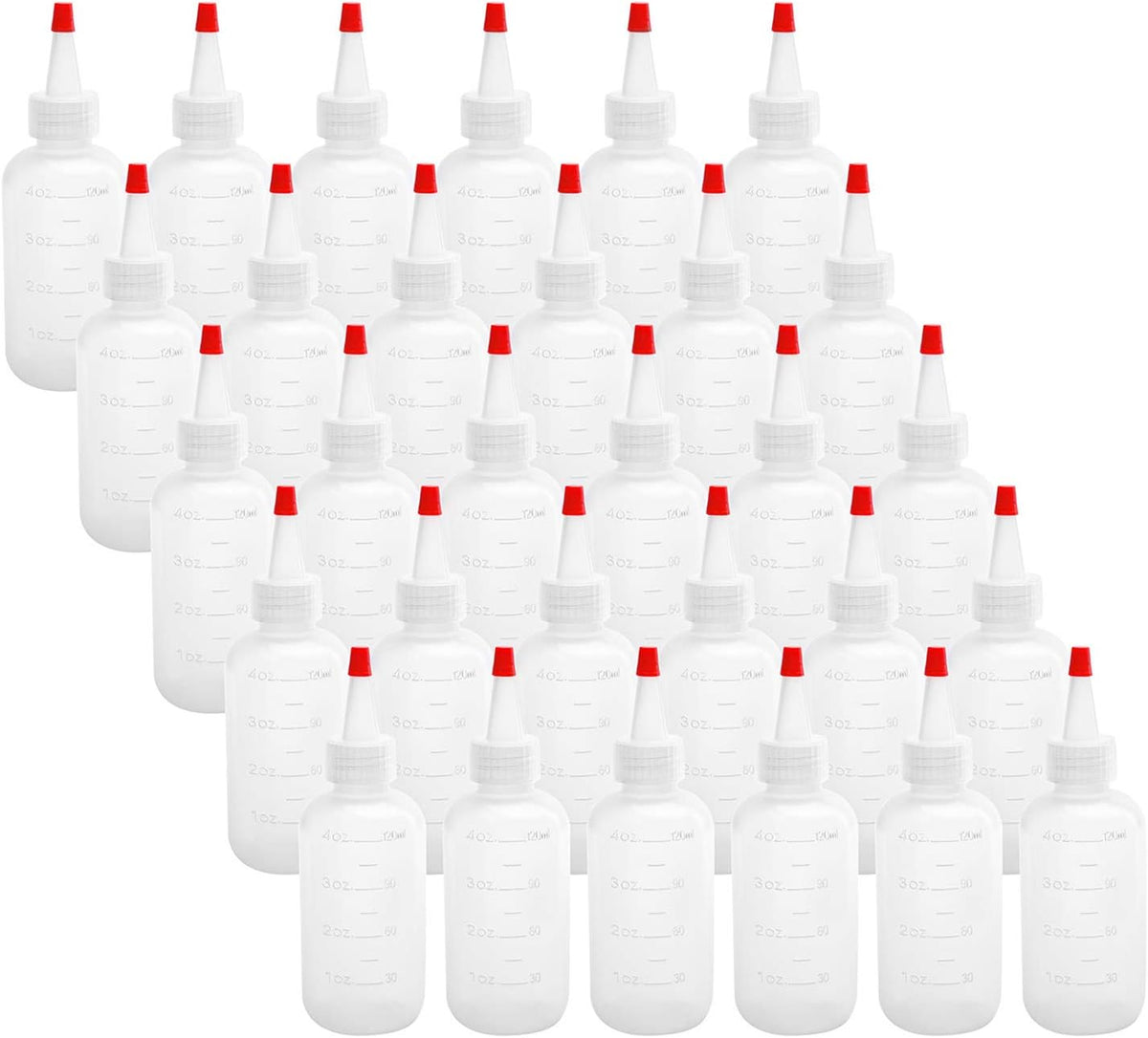 Hedume 30 Pack 4-Ounce Plastic Squeeze Bottles with Red Tip Cap and Measurement - BPA-Free, Latex-Free, Food-Grade - Good for Crafts, Art, Glue, Sauces, Ketchup, BBQ