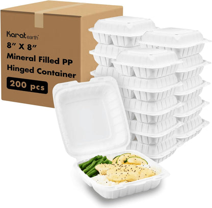 KARAT EARTH Clamshell Take Out Food Containers [8"x8" - 200 ct] To Go Containers | 3 Compartment, Soak-Resistant, Durable, Stackable | Vented for Hot/Cold Foods, White