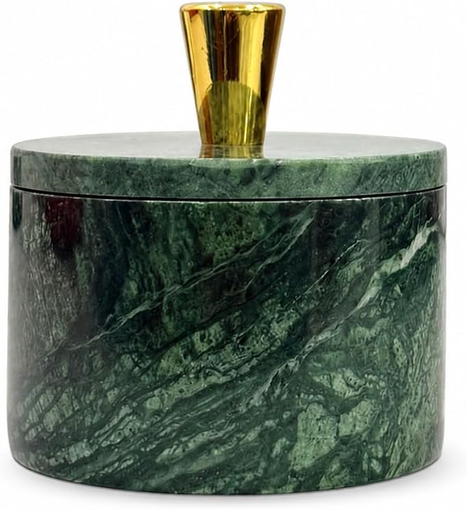 Queenza White Marble Salt Cellar with Lid and Brass Knob, 3 Inch Salt Box