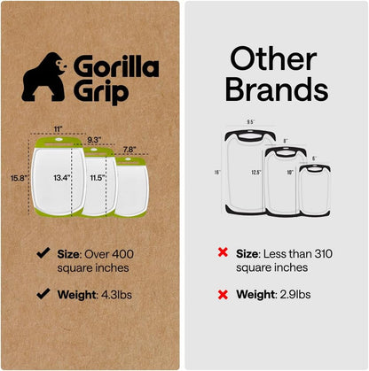 GORILLA GRIP BPA-Free Reversible Kitchen Cutting Board Set of 3, US Designed, Nonporous, Juice Grooves Catch Liquid, Slip Resistant Border, Dishwasher Safe, Durable Large Food Chopping Boards, Black