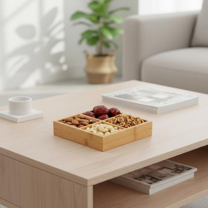 Divided Serving Tray, Divided Wooden Tray with 4 Compartments, Small Wood Serving Platter for Home