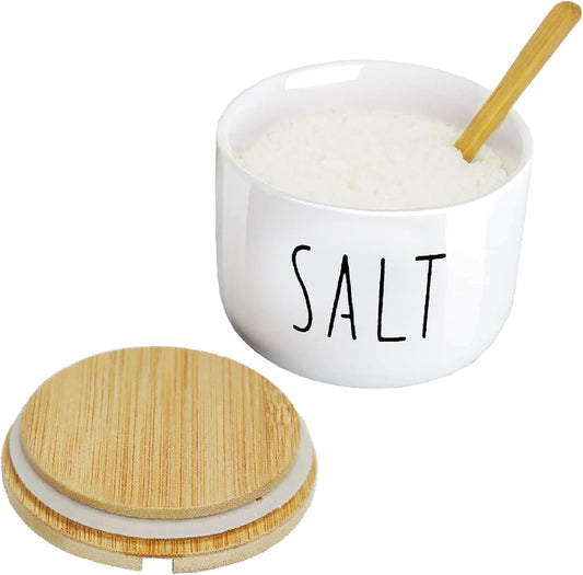 Farmhouse Salt And Pepper Containers,Salt Containers For Countertop,Stacked Ceramic Cellar With Bamboo Lid, Spice Box With Spoon,Seasoning Holder with lid,Ceramic Bowls (B&W H)
