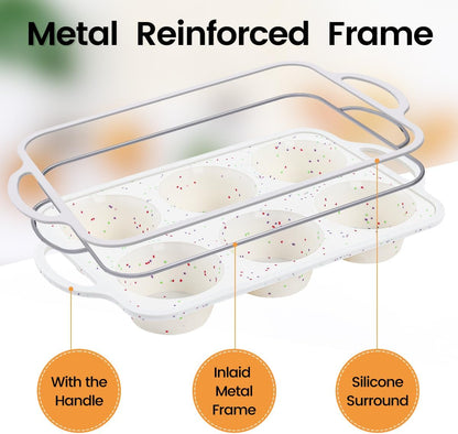 Silicone Muffin Pans for Baking, Metal Reinforced Frame 12 Cups Regular Size Silicone Cupcake Pan Nonstick Muffin Tin for Baking Muffin, Cupcake, Frittatas,BPA Free, Silicone Molds Dishwasher Safe