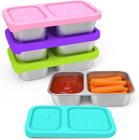 SOPHICO Stainless Steel Snack Containers for Kids, 8 oz Small Food Storage Container 1 Cup with Silicone Lid - Perfect 304 Metal Toddler Lunch Box for Daycare and School, Leak Proof (MIX, 4 PACK)