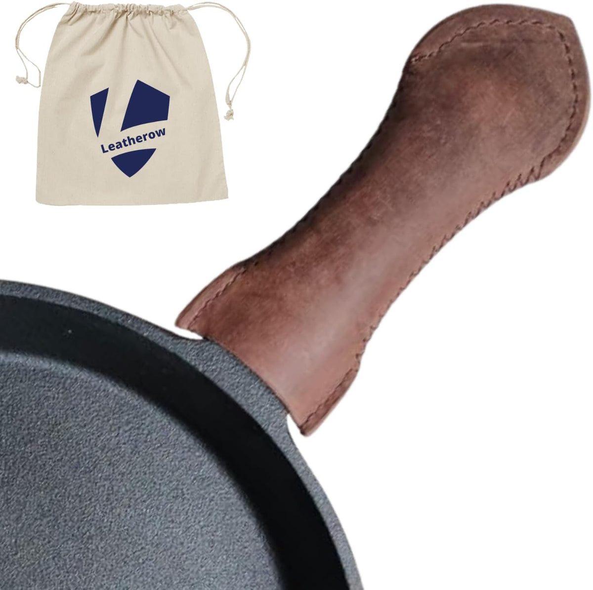 Leather Cast Iron Skillet Handle Cover, Heat Resistant Pan Grip Sleeve for Frying Pans, Dutch Oven & Griddles, Safe Non-Slip Cooking Handle Protector, Brown (Handle Cover Curve)