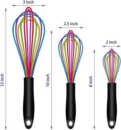 OYV Dishwasher Safe Silicone Whisk, Sealed Waterproof Design Set of 3, Professional Kitchen Whisks for Cooking Non-Scratch, Silicone & Stainless Steel Whisk, Heat Resistant Balloon Egg Beater, Black