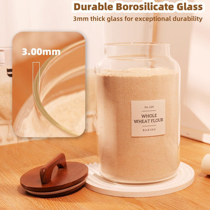 2 Pack Large Glass Flour and Sugar Containers with 132 Pantry Labels - 64 FL OZ Glass Canisters with Bamboo Airtight Lids - Farmhouse Glass Cookie Jars for Rice, Pasta, Cereal, Bath Salt