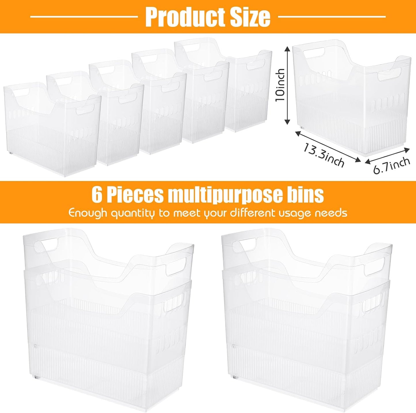 Qunclay 6 Plastic Freezer Organizer Bins with Wheel Set Clear Tall Narrow Kitchen Pantry Organizer Snack Storage Containers for Office Refrigerator(3 Sizes)