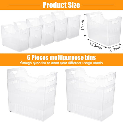 Qunclay 6 Plastic Freezer Organizer Bins with Wheel Set Clear Tall Narrow Kitchen Pantry Organizer Snack Storage Containers for Office Refrigerator(3 Sizes)