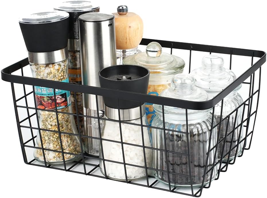 Kitchen Wire Baskets Farmhouse Decor Metal Food Storage Organizer,Household Refrigerator Bin with Built-in Handles for Cabinets, Pantry, Bathroom,2 Packs(white)