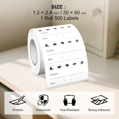 500 PCS Food Labels, 1.2x2.4 Inches, Waterproof & Strong Adhesion, Removable No Residue, Clear Food Storage Labels for Jars, Containers, Refrigerator, Freezer, Kitchen Organization