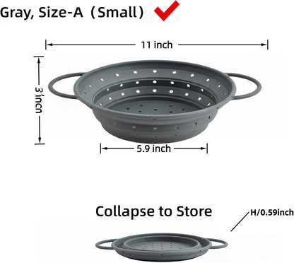 Collapsible Silicone Colander with Handles, Round Strainer with Stainless Steel Rim, Space Saving Kitchen Tool for Fruits & Vegetables,BPA-Free,Heat-Resistant Pasta Drainer(White, L)