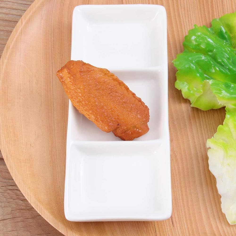 esowemsn 1PC Mini White Ceramic Rectangular 3 Compartment Appetizer Serving Tray Divided Spices Vinegar Nuts Snack Sauce Dishes for Home Kitchen Restaurant