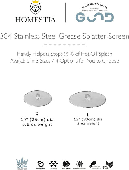 Homestia Splatter Screen for Kitchen, Stainless Steel Fine Mesh Splatter Screen for Frying Pan, 10” Grease Splatter Guard with Fold Flat Knob