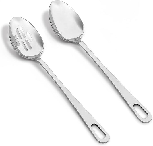 Abodpove Stainless Steel Cooking Spoons Set - Serving Spoons For Cooking, Large Cooking Serving Spoon & Slotted Spoon, Easy to Clean Kitchen Spoons Set, Dishwasher Safe
