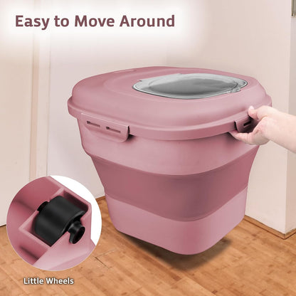 Komzon Rice Storage Bin Cereal Containers, 13-50lb Collapsible Rice Container Dispenser with Transparent Lid, Rolling Wheels, Measuring Cup and Scoop, Airtight Dog Cat Pet Food Storage Container White
