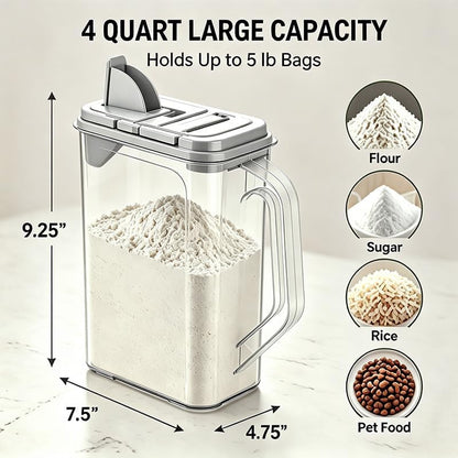 Cereal Containers Storage, Set of 2 Airtight 4 Quart Plastic Pantry Containers with Easy Grip Handles and Pour Spouts for Flour, Sugar, Rice, Cereal and Pet Food