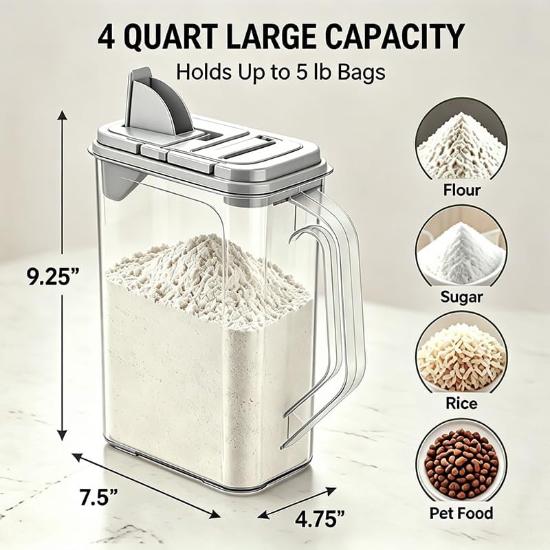 Cereal Containers Storage, Airtight 4 Quart Plastic Pantry Containers with Easy Grip Handles and Pour Spouts for Flour, Sugar, Rice, Cereal and Pet Food