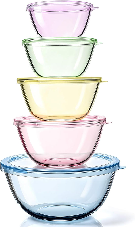 5 Pack Glass Mixing Bowls with Lids Set(4.78QT,2.2QT,1.7QT,1.1QT,0.85QT)