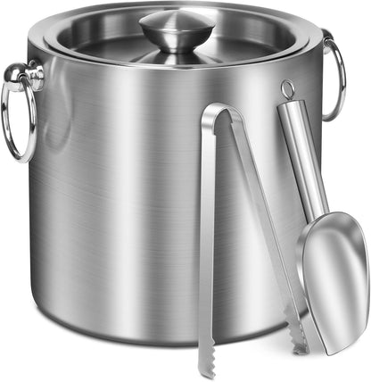 Ice Bucket with Lid & Tong- Well Made Insulated Stainless Steel Keep Ice Frozen Longer - Ideal for Cocktail Bar, Parties, Chilling Wine, Champagne - 3 Liter (Black)
