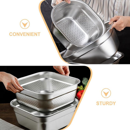 Zerodeko Stainless Steel Colander Bowl Set Square Kitchen Sink Metal Storage Basket Large Capacity Fruit Vegetables Washing Basin Rice Strainer Washer 22cm