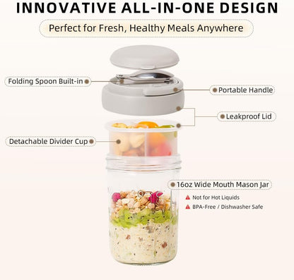 2 Pack Overnight Oats Containers with Lids and Handles, Folding Spoons & Divided Compartments for Fruit & Nuts, 16oz Mason Jars for Oatmeal Yogurt Container Chia Pudding Jars with lids (Cream 2pcs)
