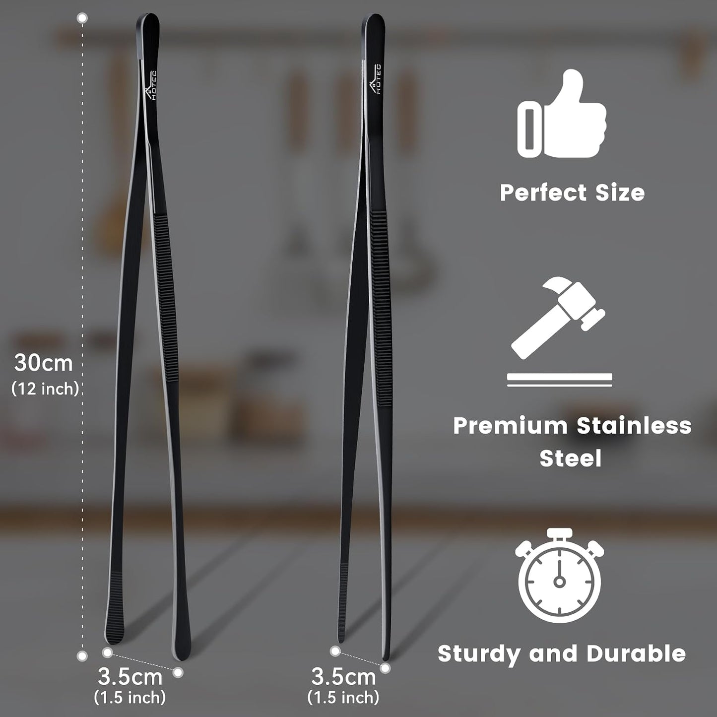 HOTEC Kitchen Tweezers Tongs Stainless Steel Professional Chef Tweezers, Set of 3-6.3", 10" and 12inch Food Tongs for Cooking, Repairing, Dessert, BBQ, Meat, Pasta