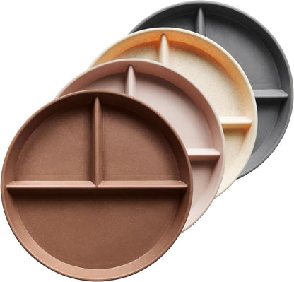 greenandlife 9 Inch 4PCS Portion Control Plates with Lids, Divided Plates for Kids Adults, Dishwasher Microwave Safe Compartment Plate, Unbreakable Lightweight Reusable Wheat Straw Plate, Earth Tone
