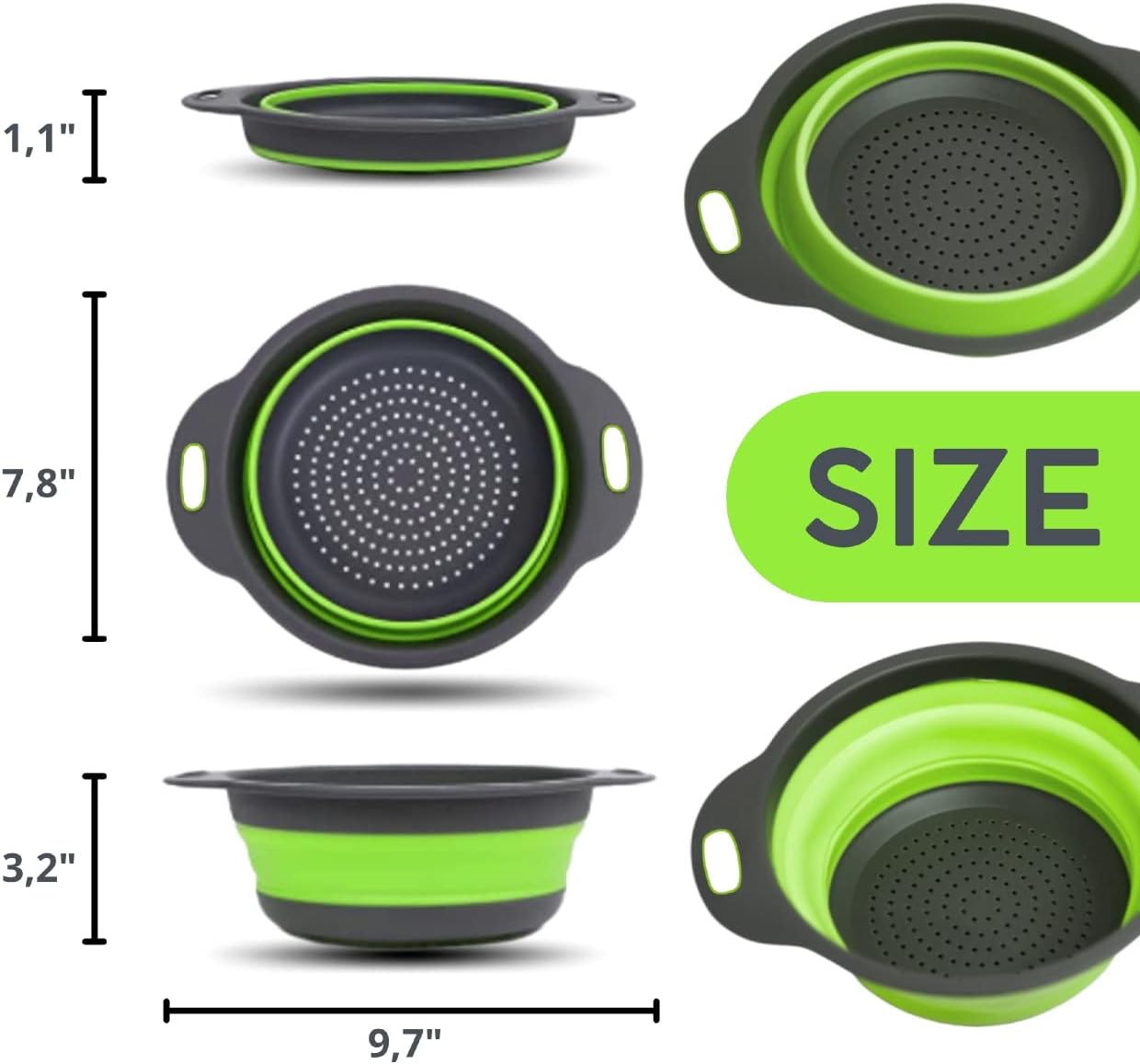 3PCS Green Foldable Kitchen Strainer Set – Silicone Colander Collapsible Strainers and Colanders Green Collander for Kitchen Collapsible Compact Drain Tools for Cooking Prep