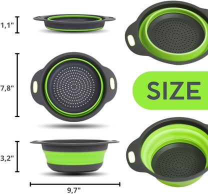 3PCS Green Foldable Kitchen Strainer Set – Silicone Colander Collapsible Strainers and Colanders Green Collander for Kitchen Collapsible Compact Drain Tools for Cooking Prep
