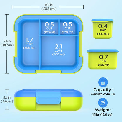 Caperci Bento Box for Kids - Large 4.8 Cups Lunch Box with Two Modular Containers - 4 Compartments, Leak-Proof, Portable Handle, Microwave/Dishwasher Safe, BPA-Free (Jungle Green/Blue)