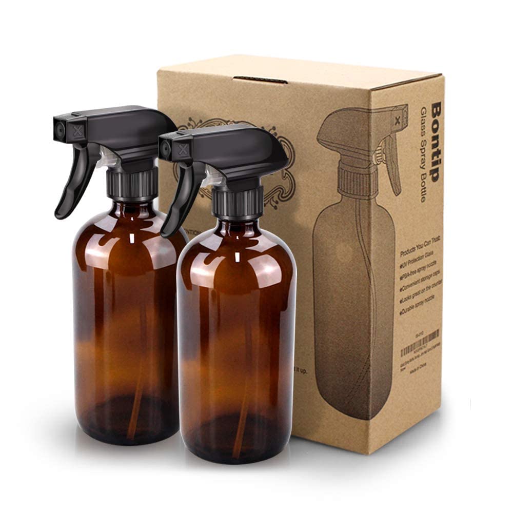 Bontip Glass Spray Bottle 16 oz for Cleaning, Plants (2 Pack, Amber)