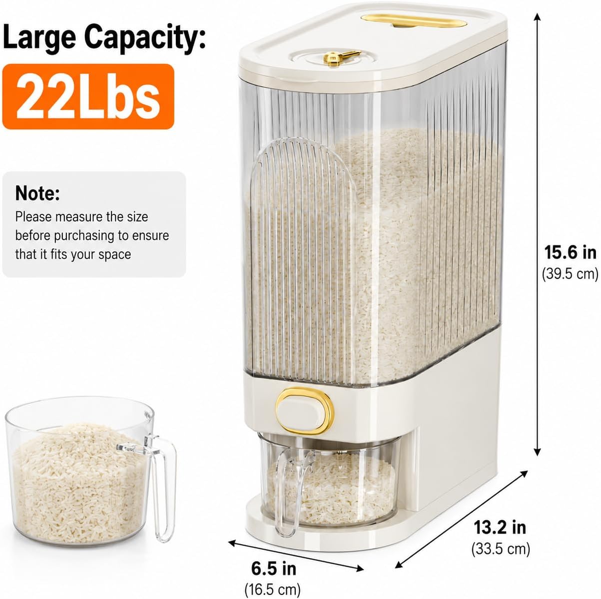 22-Pound Transparent High-Capacity Rice Bin Features a Lid, Time Scale, and Measuring Cup，a Sealed Moisture Proof Grain Storage Container Suitable for Storing Rice, Corn, and More. (22, Pounds)