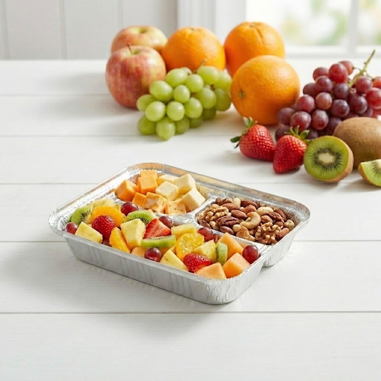 The Baker Celebrations 3 Compartment Aluminum Foil Trays with Lids [30] Pack - 20 oz Disposable Divided Meal Prep Containers - To Go TV Dinner Plates for Takeout & Freezer - Made in USA (8.5" x 6.5")