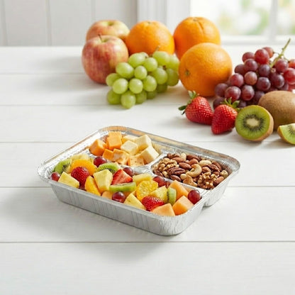 The Baker Celebrations 3 Compartment Aluminum Foil Trays with Lids [30] Pack - 20 oz Disposable Divided Meal Prep Containers - To Go TV Dinner Plates for Takeout & Freezer - Made in USA (8.5" x 6.5")