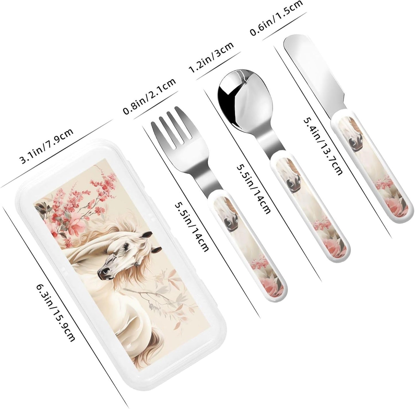 3-Piece Children Utensils Set Horse Image Knife Spoon Fork Set Stainless Steel Silverware Set Easy-Grip Reusable Utensils Set Child Flatware Set with Case for Lunch Travel