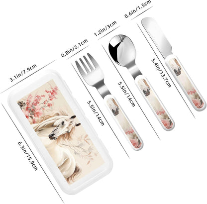 3-Piece Children Utensils Set Horse Image Knife Spoon Fork Set Stainless Steel Silverware Set Easy-Grip Reusable Utensils Set Child Flatware Set with Case for Lunch Travel