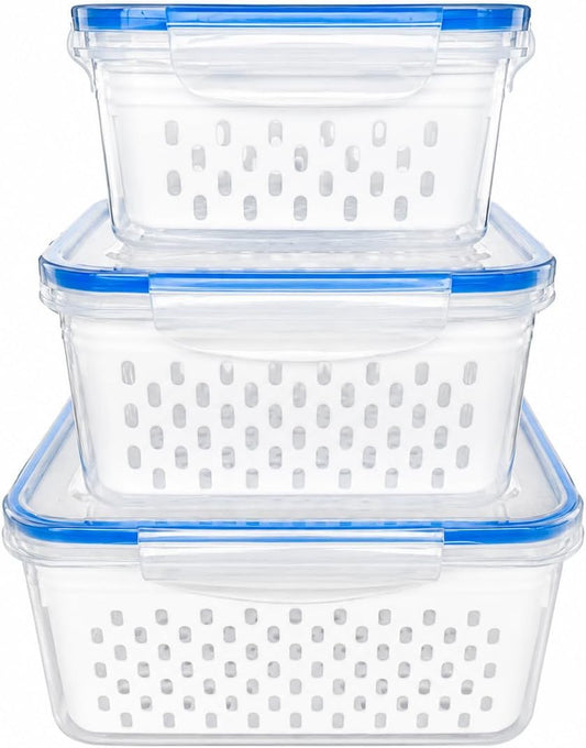 3-Pack Produce Keeper Containers with Strainers & Lids, Fruit and Vegetable Storage Containers for Fridge, Refrigerator Storage Bins for Berries, Meat & Produce, Fresh Food Organization