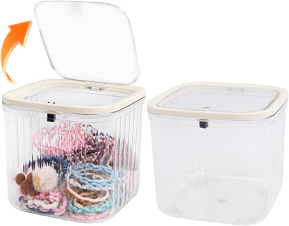 THMINS Hair Accessories Organizer for Girls,Small Plastic Storage Box with Lid for Kids Hair Clips,Ties,Bows&Jewelry,Stackable Dust-Proof Flip Top Container,Desktop Organizer(Clear)