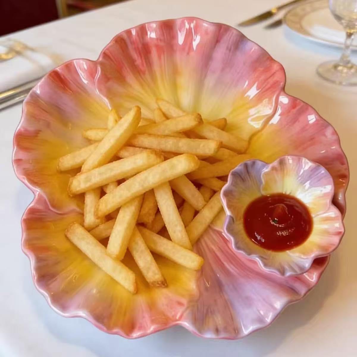 11 Inch Ceramic Chip & Dip Serving Tray | Double Layer Hand-Painted Coral Pansy Plate | Divided Appetizer Platter for Salsa, Veggies & Snacks