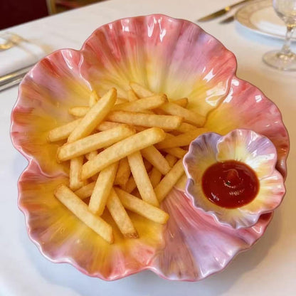 11 Inch Ceramic Chip & Dip Serving Tray | Double Layer Hand-Painted Coral Pansy Plate | Divided Appetizer Platter for Salsa, Veggies & Snacks