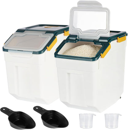 Rice Storage Container 25 lbs, Grey, 2 Pack | Airtight, with Wheels, Locking Lid, Measuring Cup Included, for Flour Sugar Grain Cereal